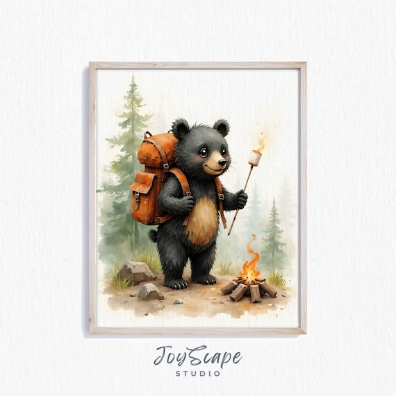 Fluffy Baby Bear Toasting Marshmallows at a Campfire Nursery Poster
