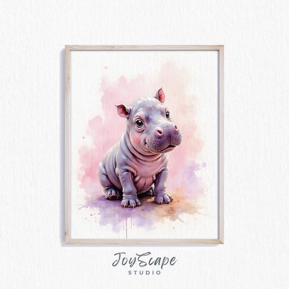 Adorable Baby Hippo Cute Kids Room Watercolor Nursery Animal Poster