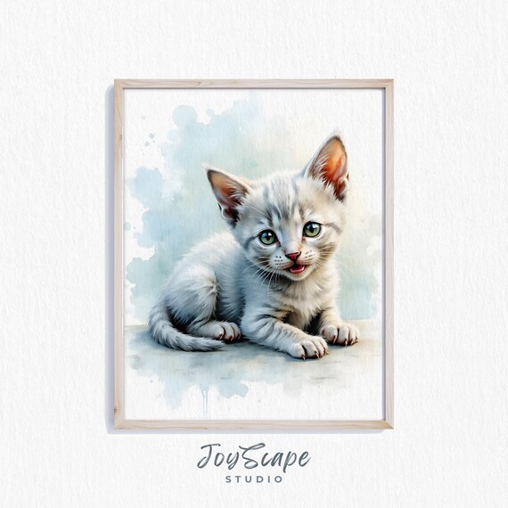 Grey Russian Blue Kitten Watercolor with Green Eyes Pet Poster
