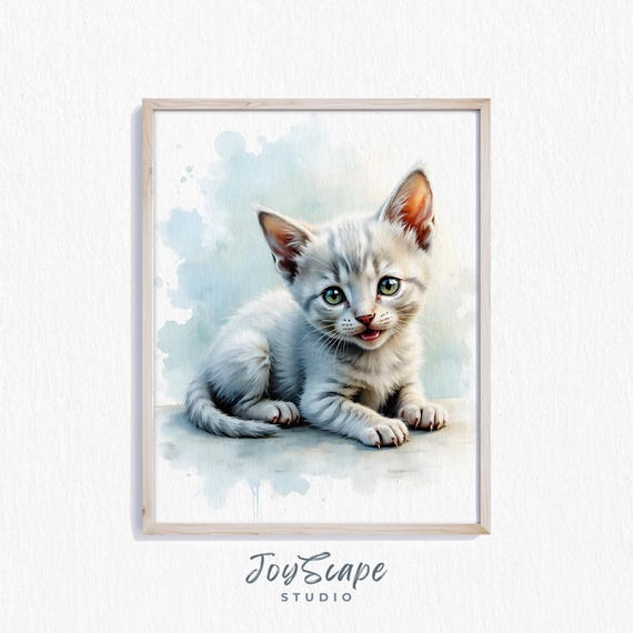 Russian Blue Kitten Watercolor Art Cute Baby Cat Portrait Whimsical Pet Decor Nursery Wall Print Playful