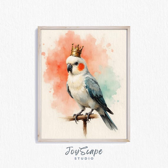 Funny Cockatiel Watercolor Print Royal Bird Art Wall Animal Nursery Decor Kids Room Decoration Instant 517