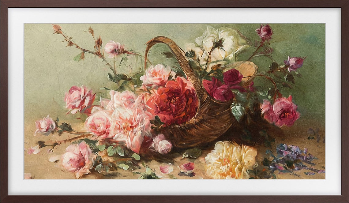 Vintage Rose Basket Still Life Pink Red Cream Flower Art Poster - Image 3