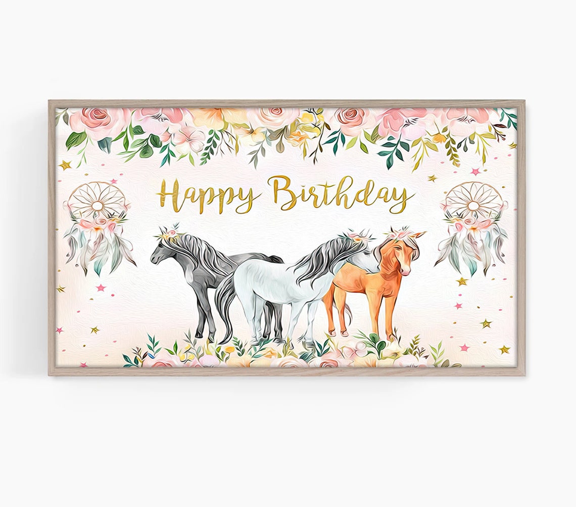Happy Birthday Horses Floral Crowns Gold Script Party Wall Art Print