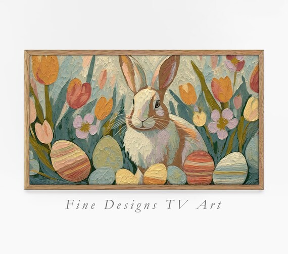 Easter Bunny Painted Eggs Tulips Impasto Spring Oil Painting Print