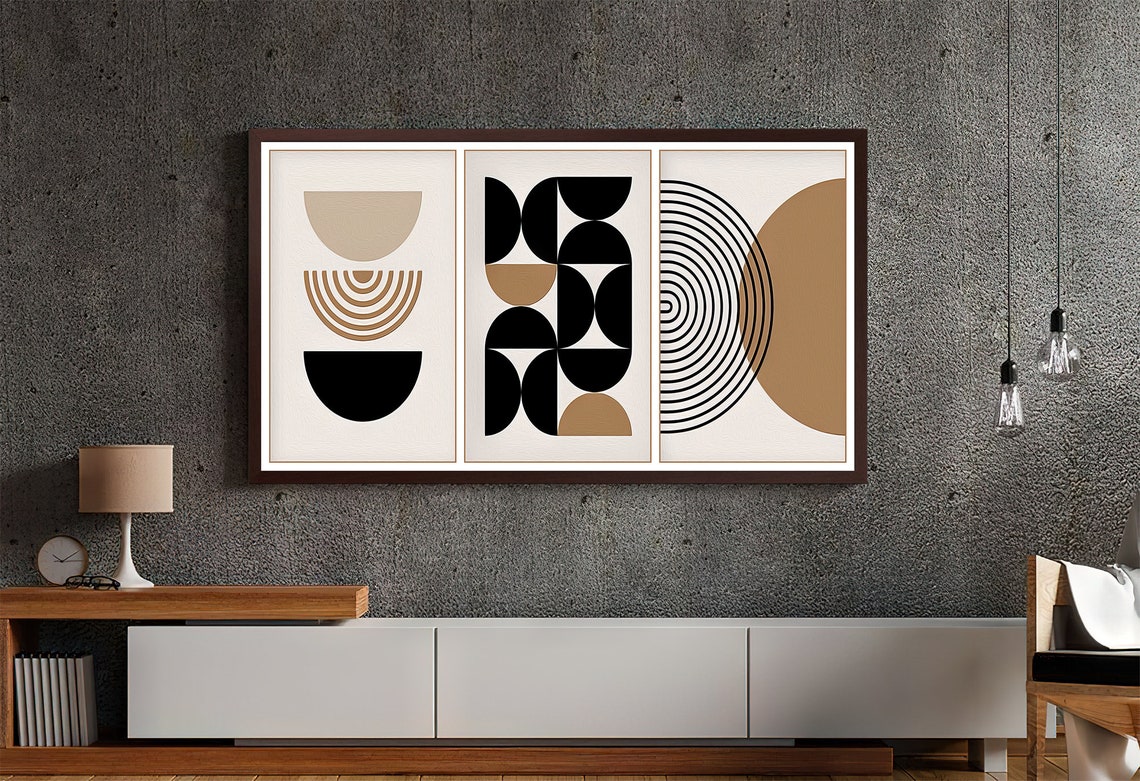 Boho Geometric Half Circle Black Tan 3 Panel Mid Century Art Poster - Image 4