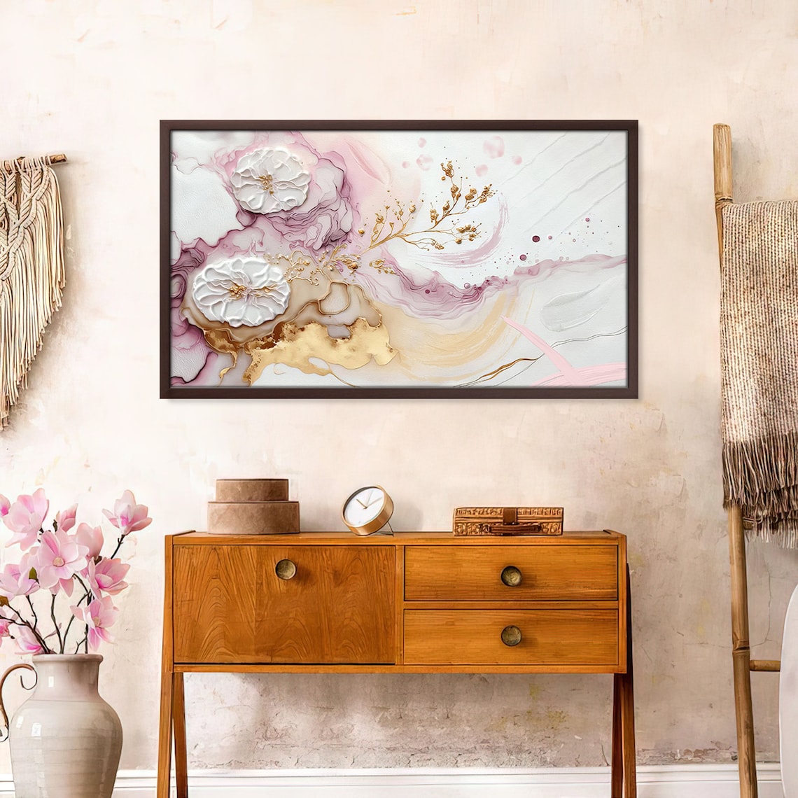 Pastel Blossom Abstract Pink Gold Marble White Floral Art Poster - Image 2