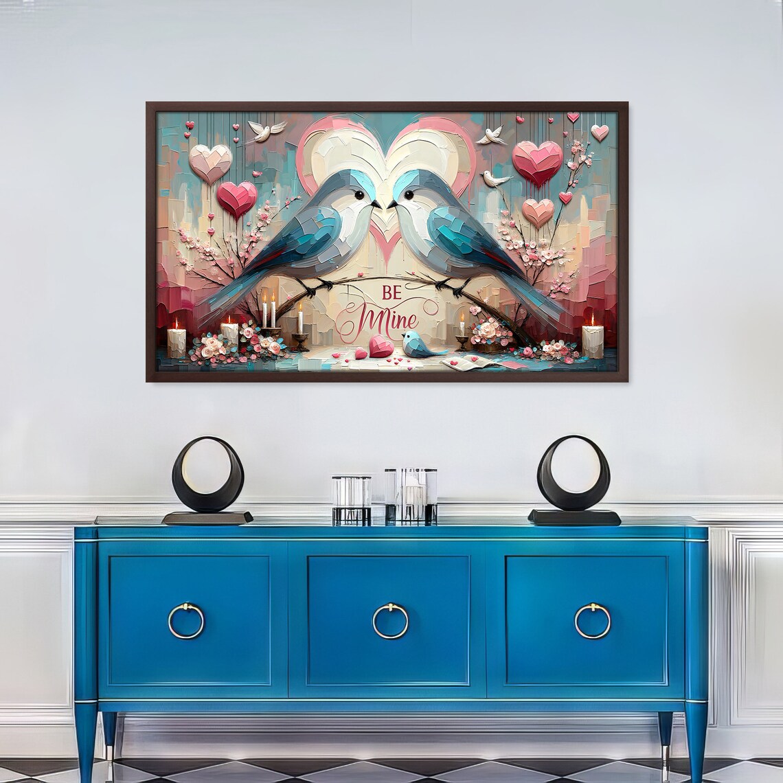 Blue Lovebirds With Heart Valentine Romance Textured Art Love Poster - Image 2