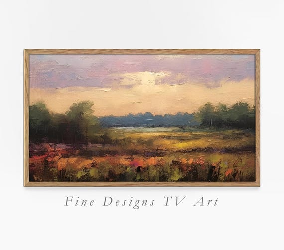 Frame Tv Art Peaceful Sunset Over Field Rustic Landscape Painting Nature Inspired Wall Art Impressionist Art
