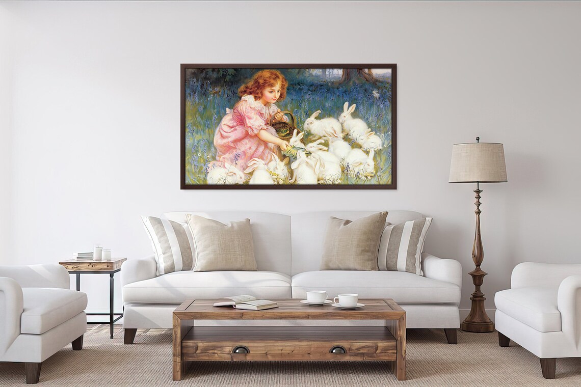 Little Girl Feeding White Rabbits Bluebell Meadow Vintage Art Print - Image 4