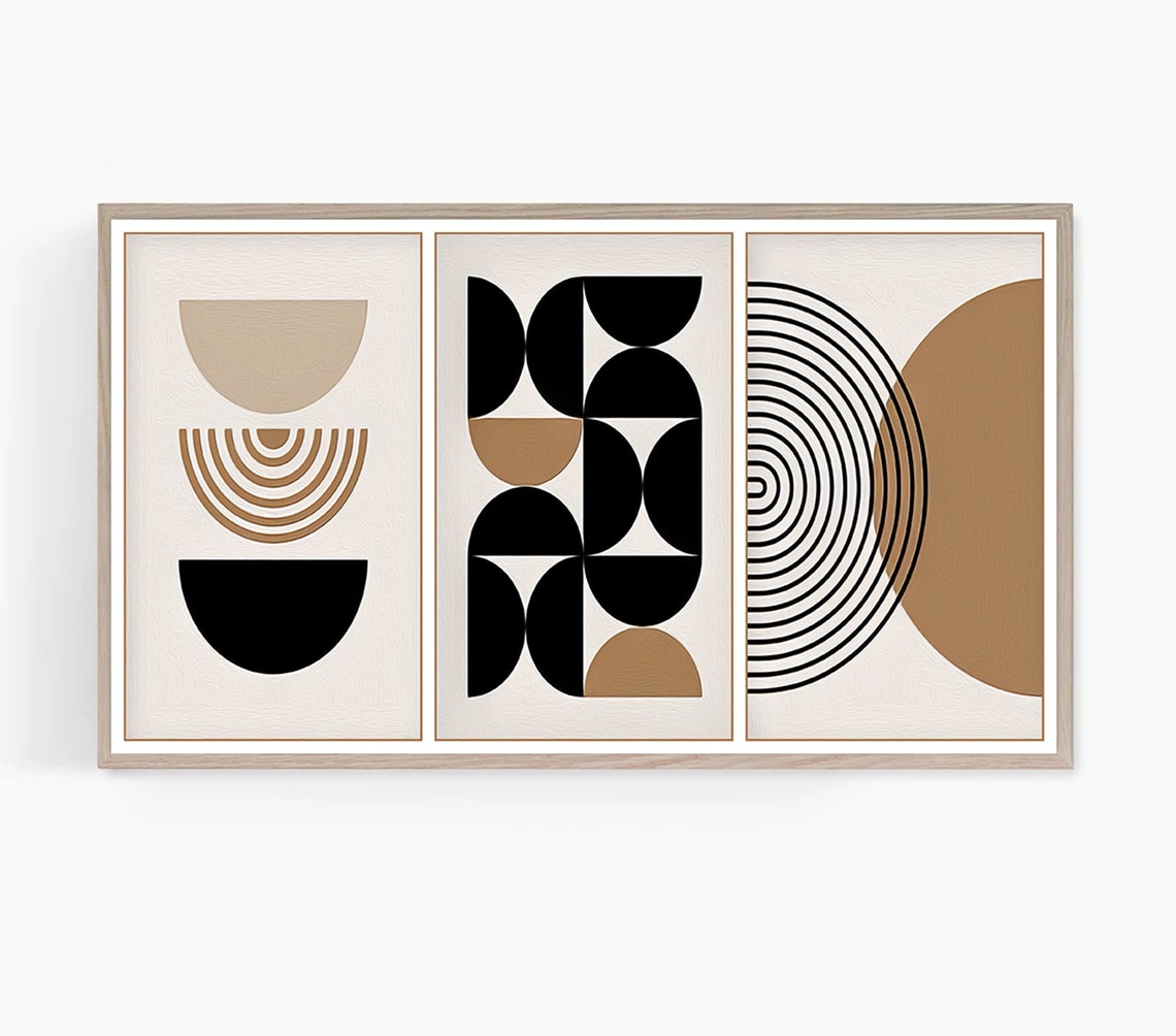 Boho Geometric Half Circle Black Tan 3 Panel Mid Century Art Poster