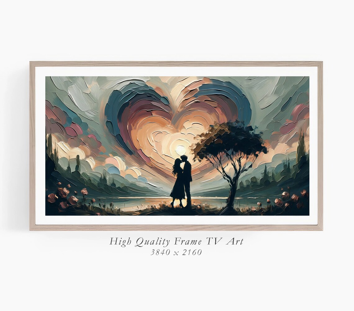 Couple Kissing Under Heart Shaped Sunset Sky Romantic Love Poster - Image 3