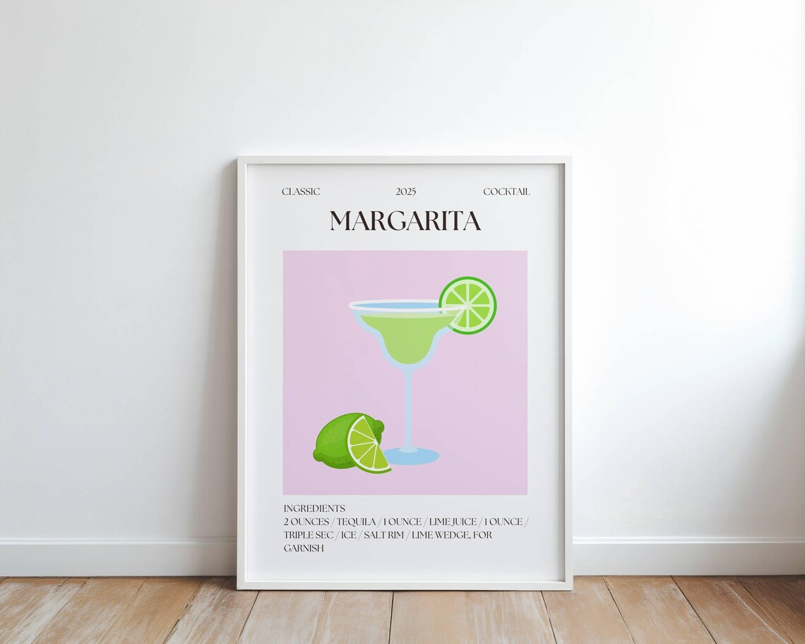 Margarita Classic Cocktail Recipe 2025 Pink Bar Cart Art Print