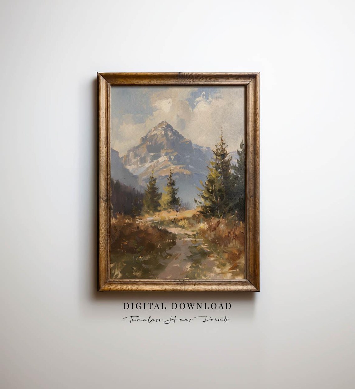 Rustic Mountain Peak Oil Painting Forest Trail Vintage Cabin Print