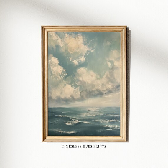 Cloudy Sky Over Teal Ocean Waves Vintage Oil Painting Poster