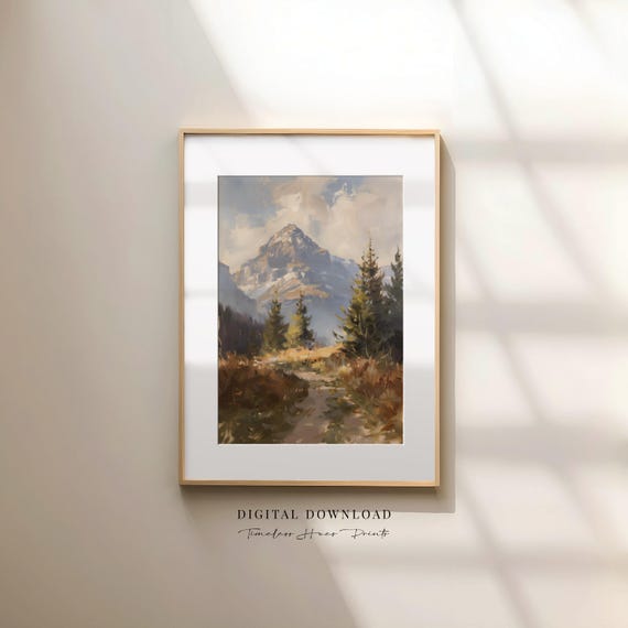 Mountain Landscape Oil Painting Moody Nature Wall Art Rustic Cabin Decor Vintage Wilderness Forest Print