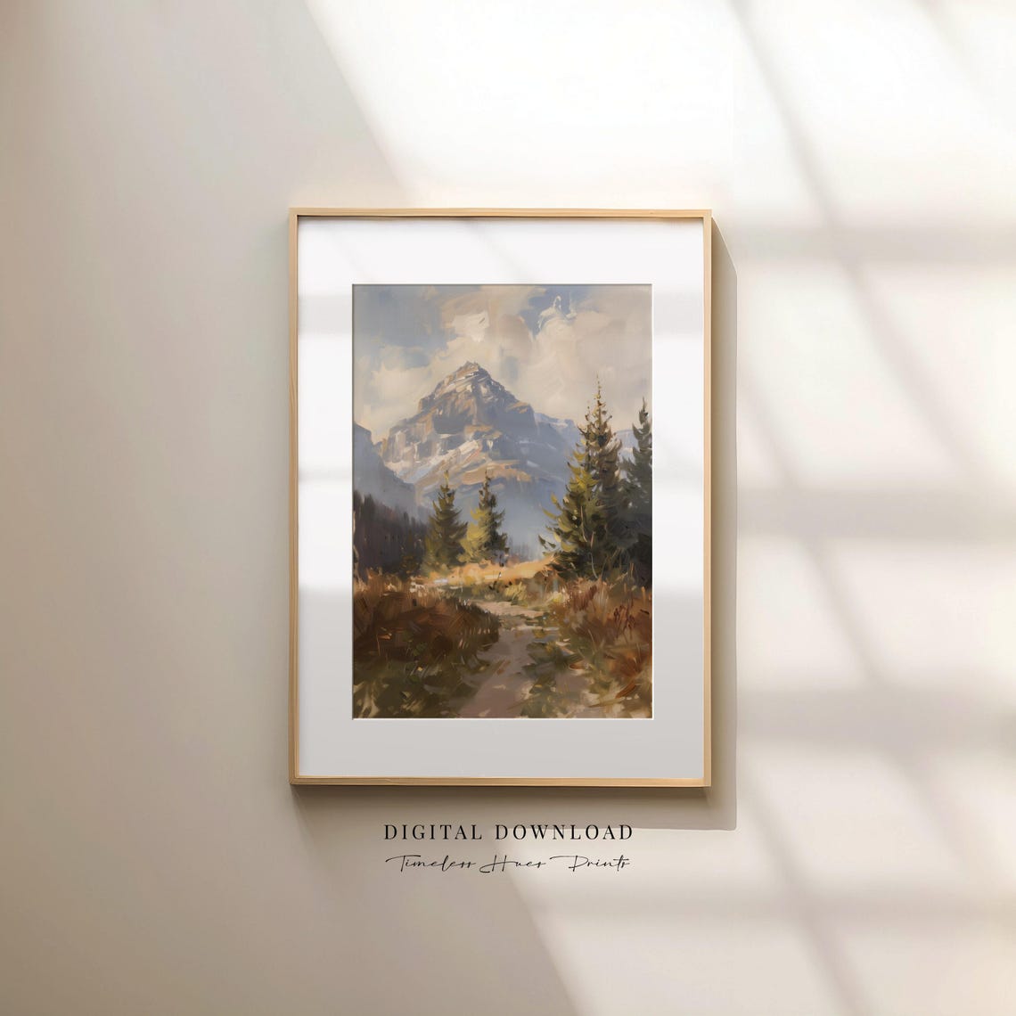 Moody Mountain Landscape Oil Painting Pine Forest Trail Wall Art