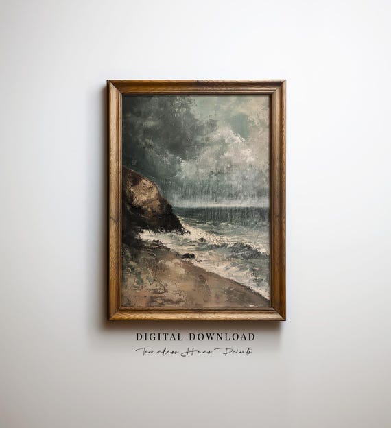 Stormy Ocean Painting Moody Textured Seascape Print Dark Coastal Wall Art Vintage Rustic Home Decor Seaside
