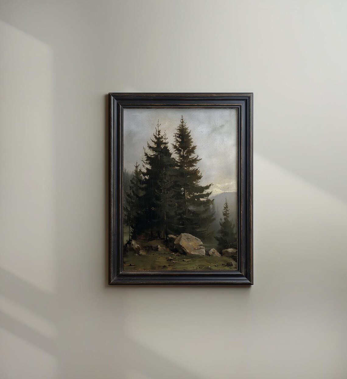 Moody Evergreen Pines Forest Vintage Landscape Oil Painting Print