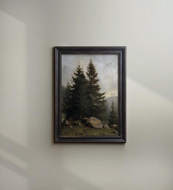 Moody Evergreen Pines Forest Vintage Landscape Oil Painting Print