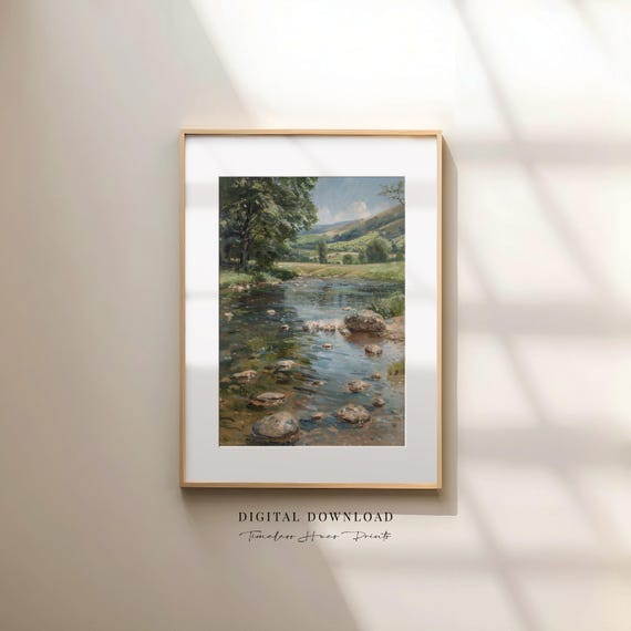 Rippling River Rocks Landscape Painting Vertical Nature Art 1205