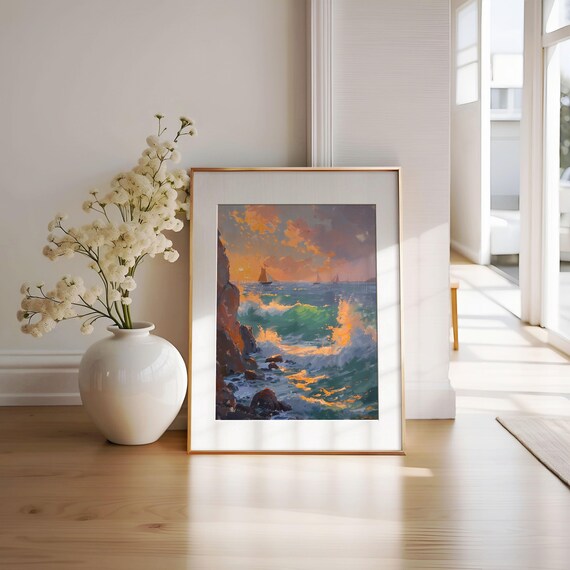 Sailboat Sunset Seascape Print Coastal Art Moody Ocean Art Golden Hour Art Beach Decor Wave Painting Art