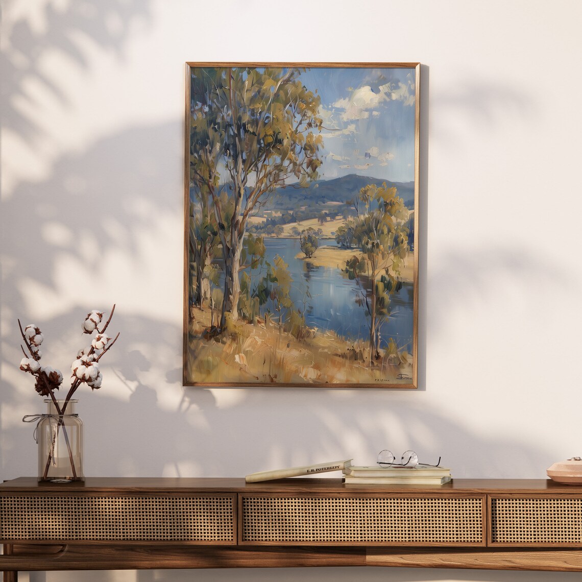 Blue River Valley With Golden Trees Lake Watercolor Rustic Landscape Art Poster - Image 2