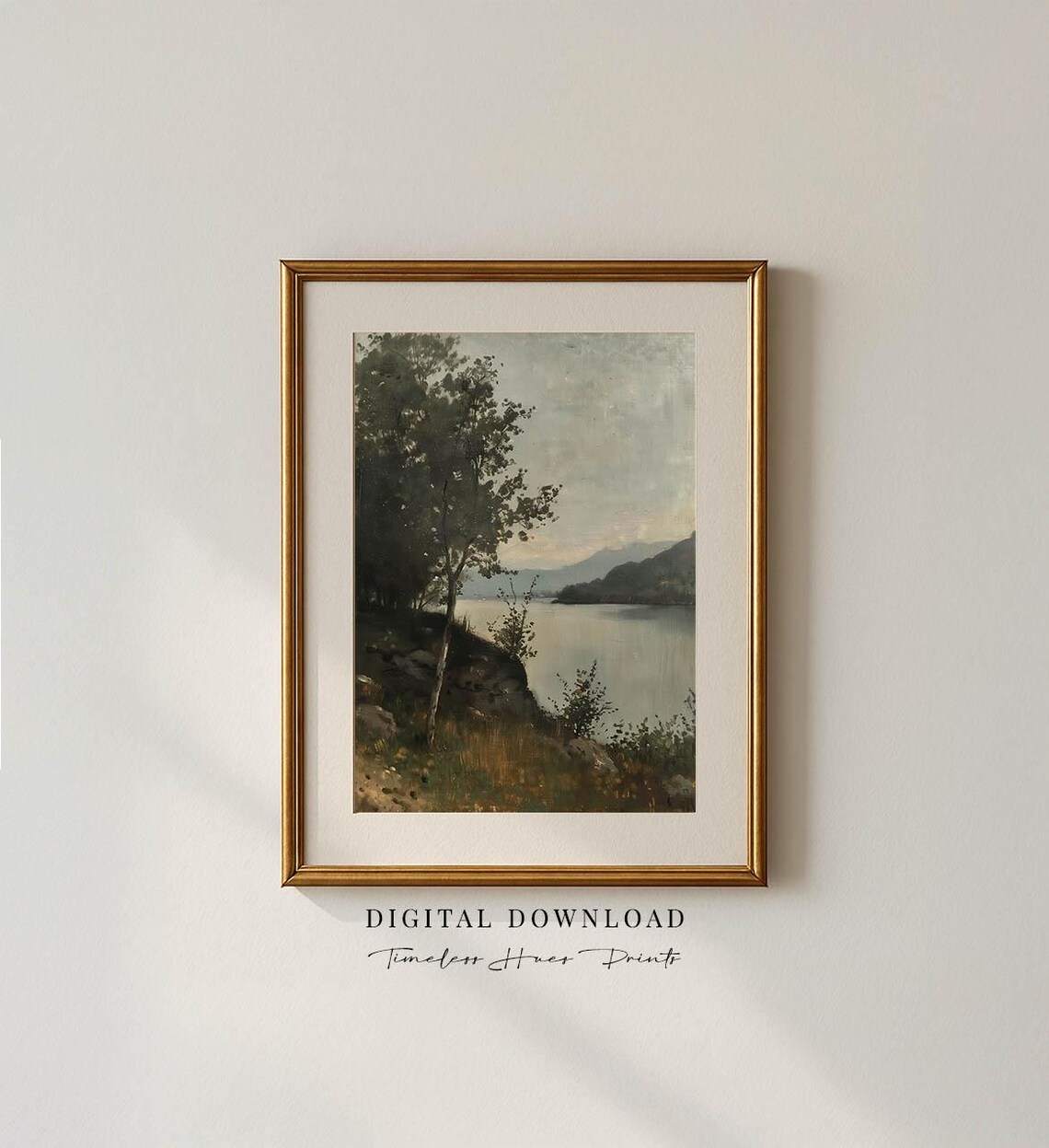 Misty Lakeside Vintage Oil Painting Moody Forest Lake Poster