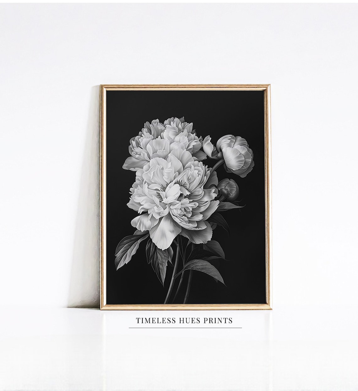 White Peonies Black Background Botanical Monochrome Floral Poster