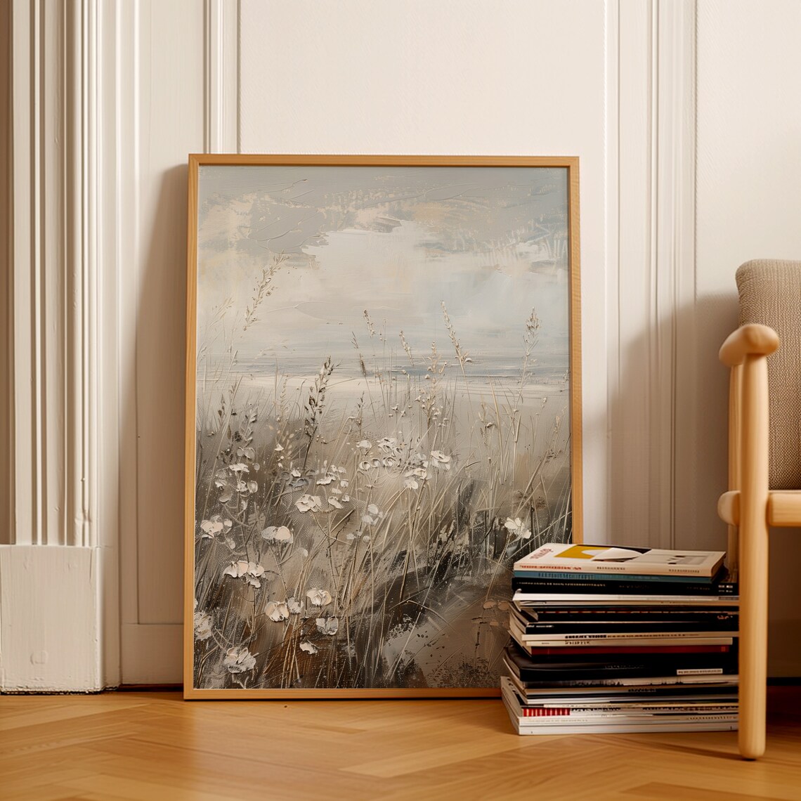 White Wildflower Meadow Impressionist Beige Floral Oil Painting Poster - Image 2