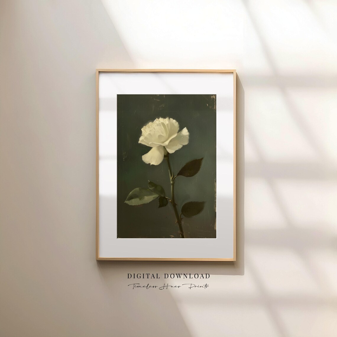 Single White Rose Moody Chiaroscuro Oil Painting Dark Floral Botanical Print