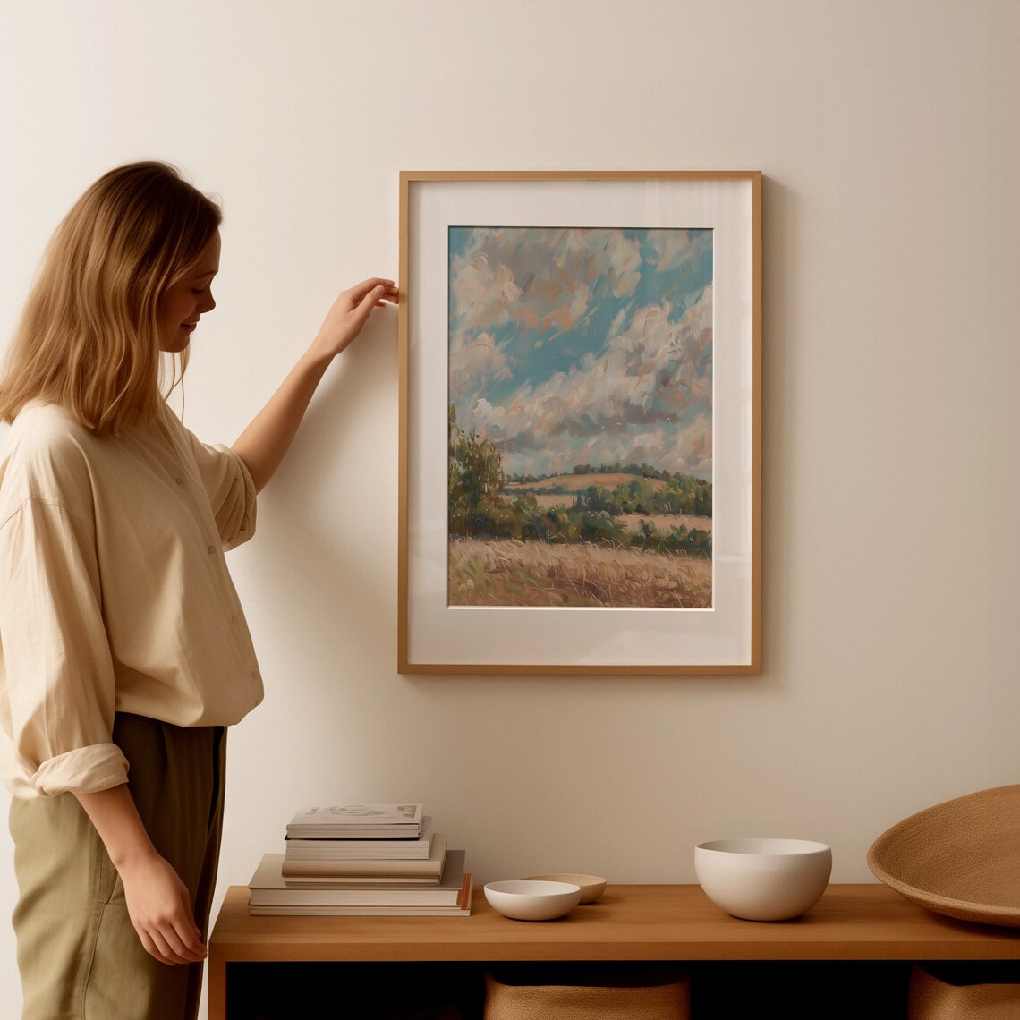 Billowing Clouds Golden Wheat Field Soft Sky Landscape Poster - Image 2