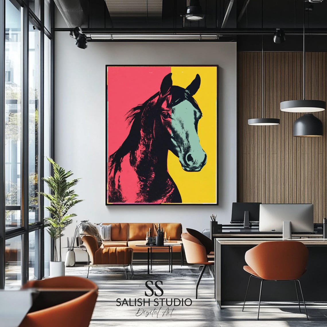 Pop Art Horse Portrait Split Color Bold Neon Modern Animal Poster