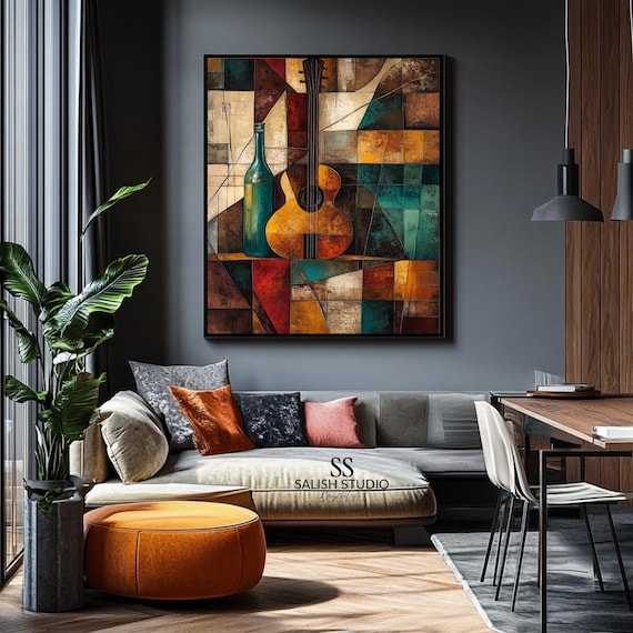 Rustic Guitar Painting Vintage Music Wall Art Earthy Abstract Cubist Print Midcentury Modern Decor Textured 477