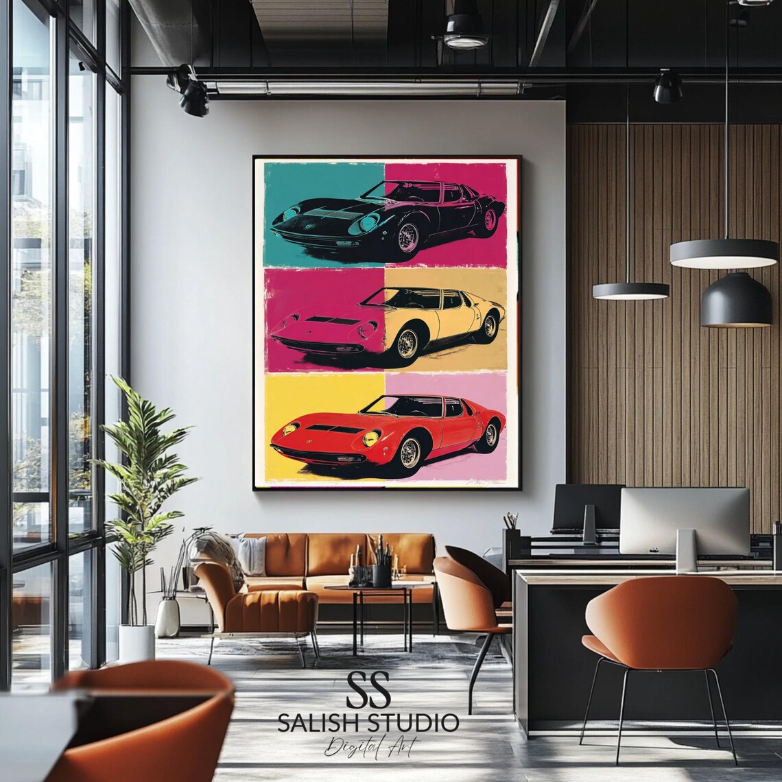 Pop Art Sports Car Triptych Poster Retro Exotic Colorful Garage