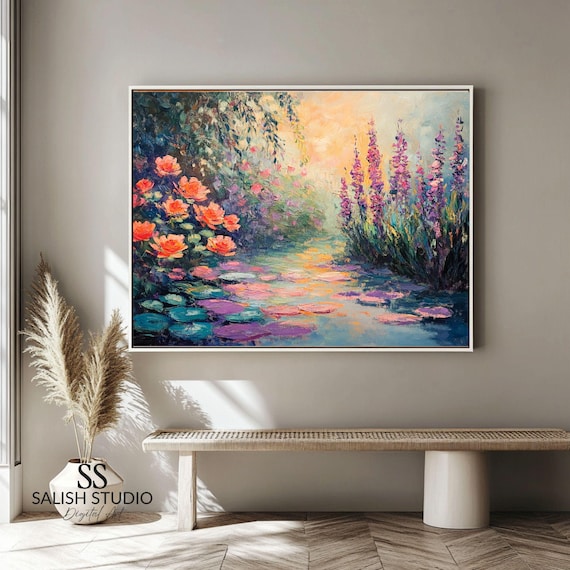 Sunset Lily Pond Roses Lupines Impressionist Garden Painting Poster