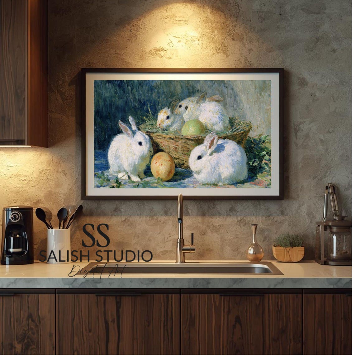 White Bunnies Easter Basket Pastel Eggs Spring Watercolor Poster
