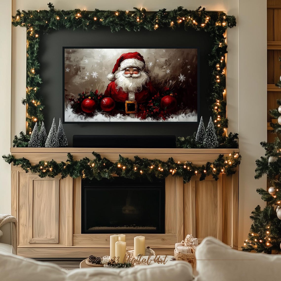 Frame Tv Art Beautiful Christmas Santa Smiling Tv Screensaver Rustic Holiday Holly Xmas Tv Art Neutral Farmhouse Winter Art 156 - Image 3