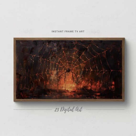 Giant Spider Web Fire Glow Spooky Halloween Night Painting Frame TV Poster