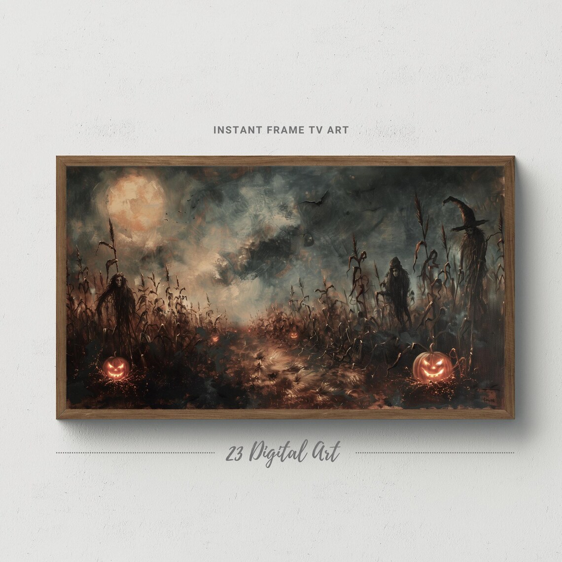 Halloween Cornfield Jack O Lanterns Scarecrows Spooky Night Frame TV Poster