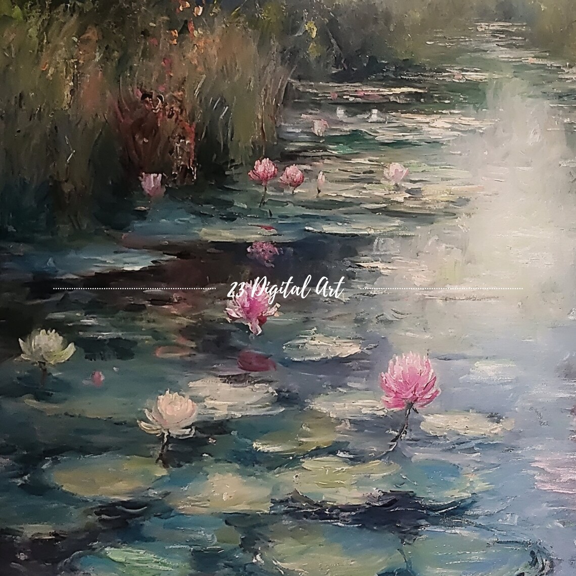 Water Lily Pond Pink Lotus Misty Impressionist Garden Art Print - Image 7
