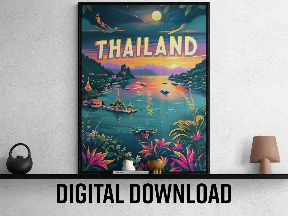 Thailand Glowing Moonlit Bay Longtail Boats Temple Travel Poster