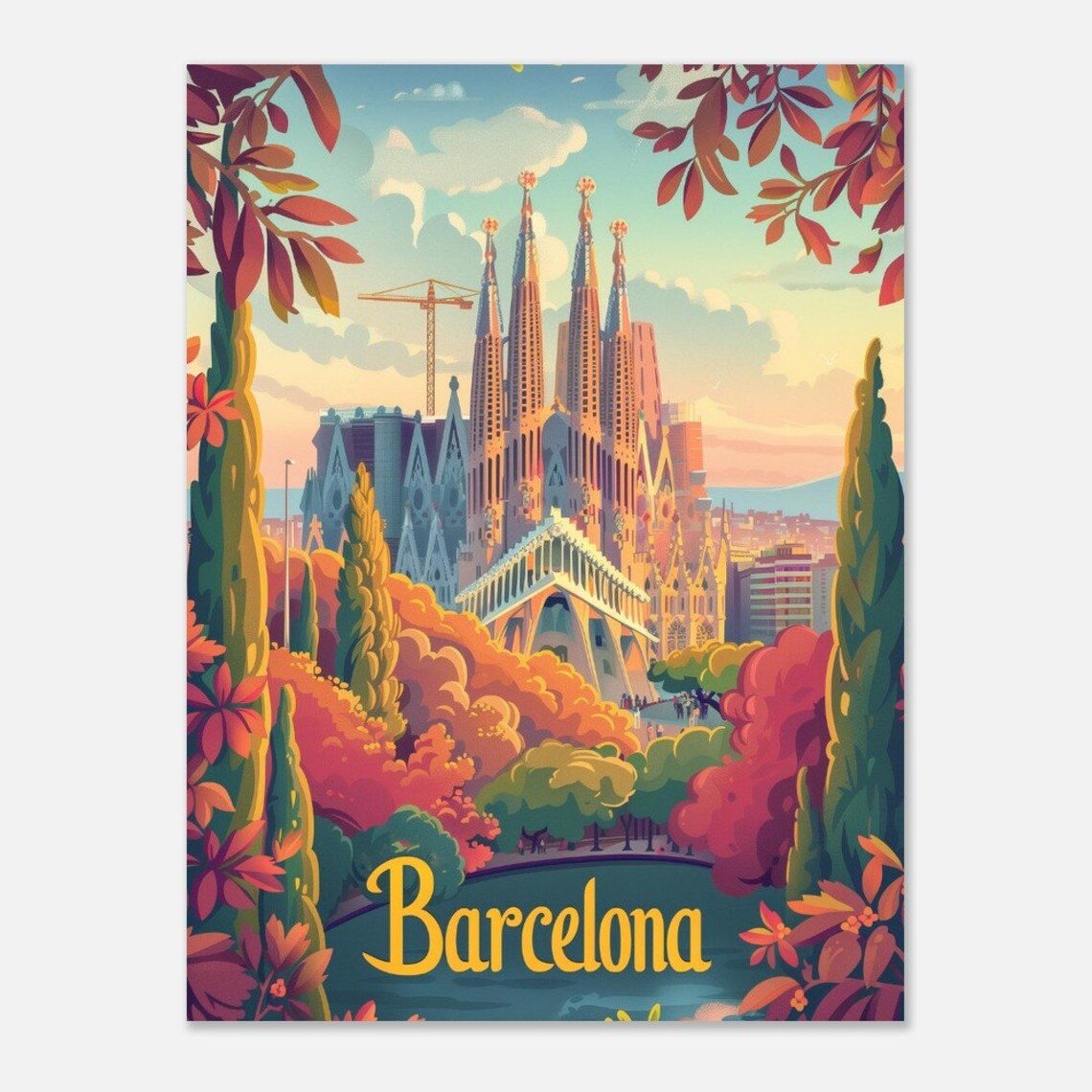 Barcelona Sagrada Familia Autumn Trees Vintage Spain Park Poster - Image 2