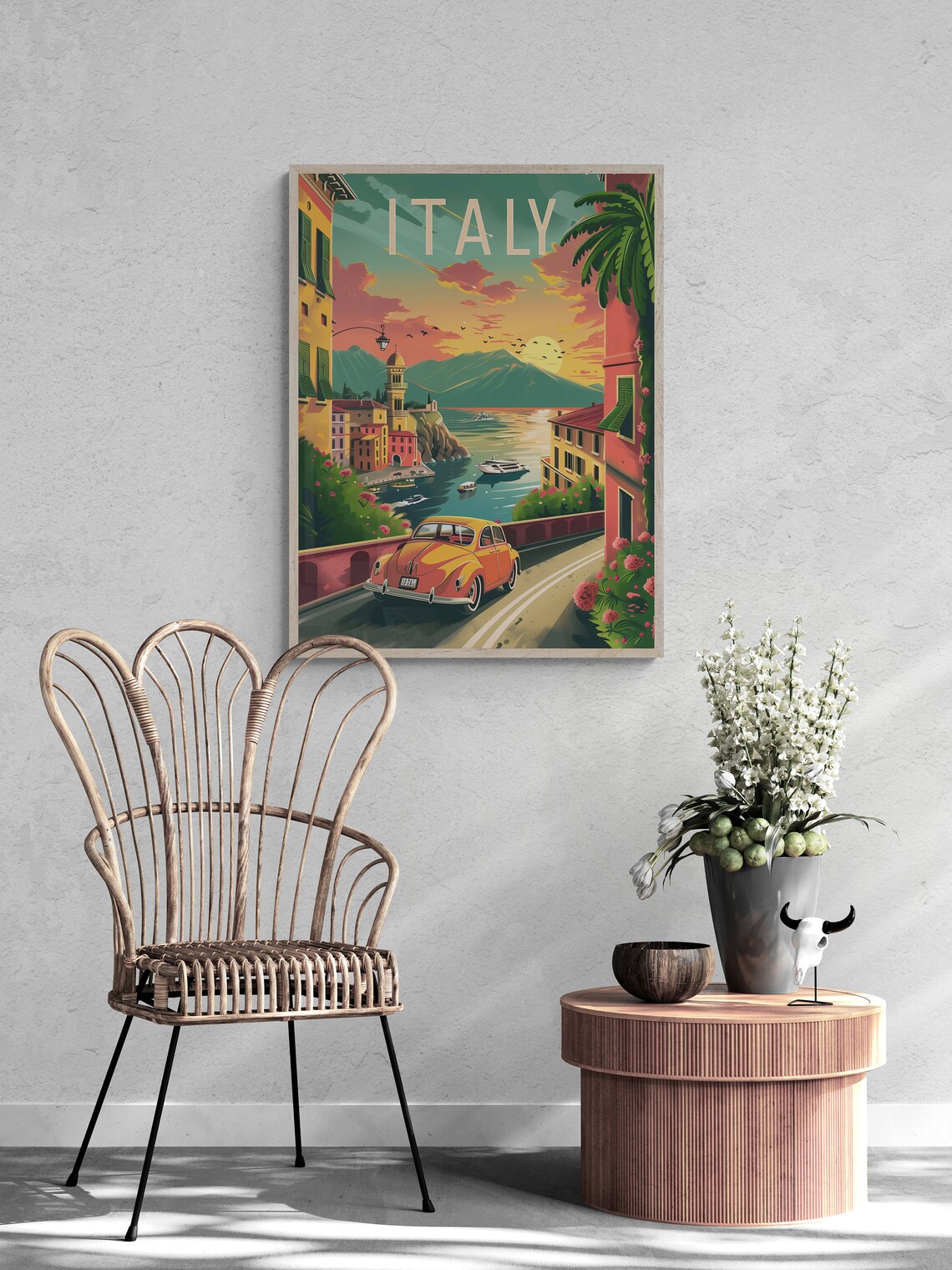 Italy Lakeside Town Vintage Red Car Sunset Travel Wall Poster - Image 2