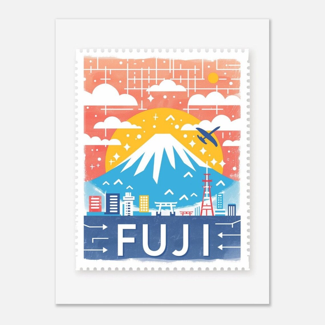 Mount Fuji Japan Sunrise City Vintage Travel Stamp Art Poster - Image 2