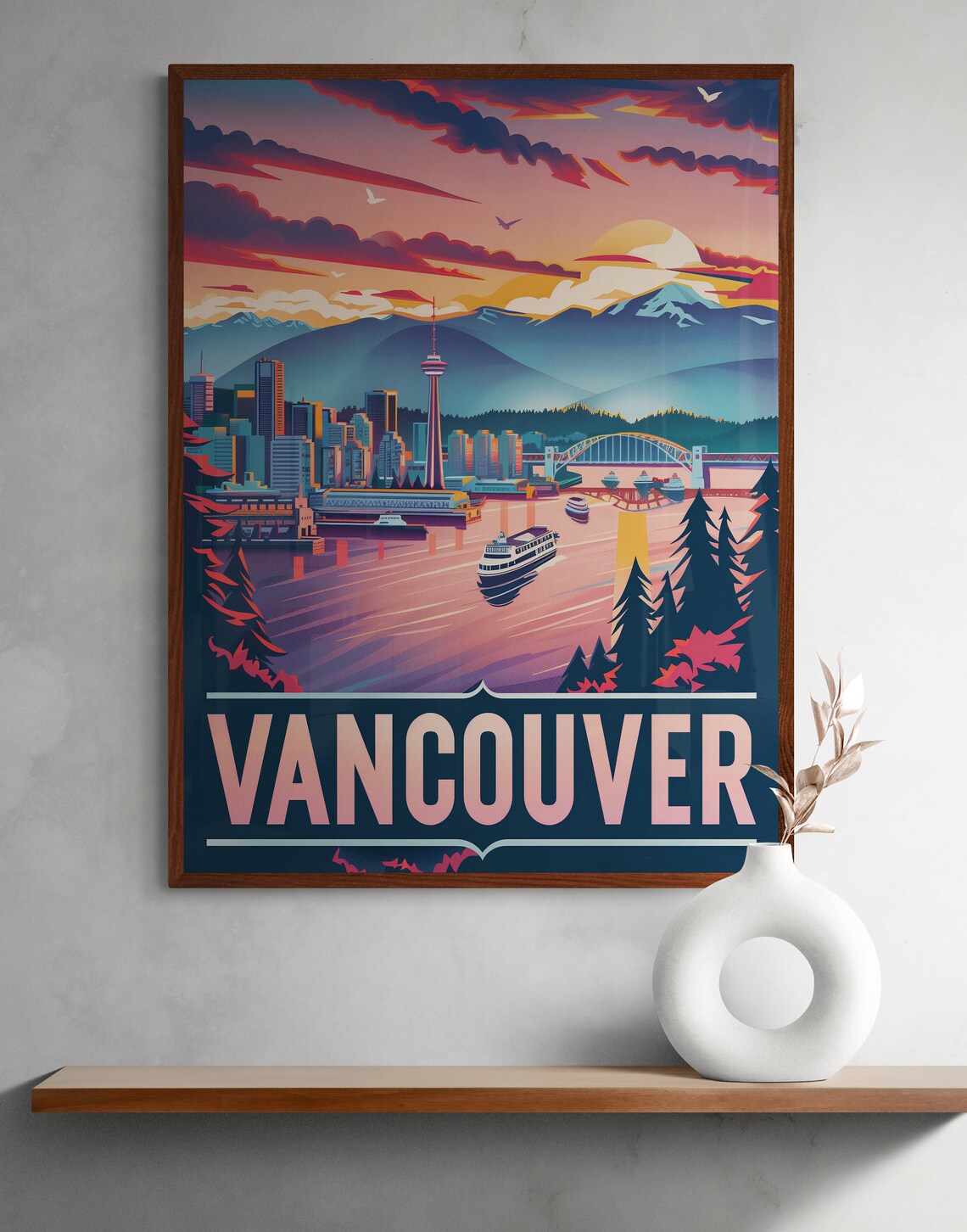 Vancouver Harbor Ferry Mountains Bridge Sunset Colors Travel Poster - Image 2