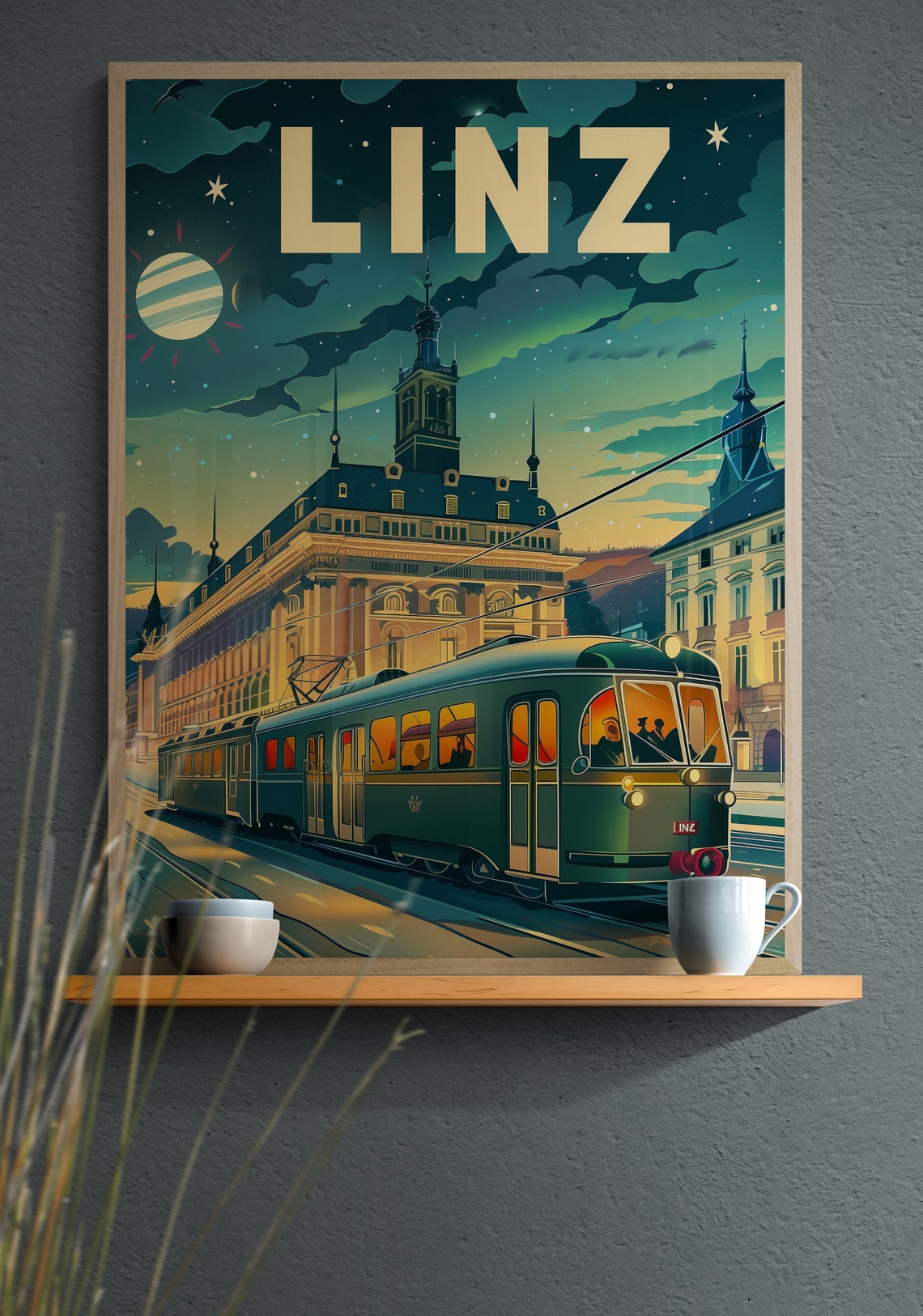 Linz Night Tram and Historic Town Hall Under Stars Vintage Poster - Image 3