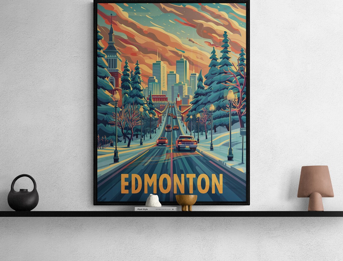 Edmonton Winter Street Snow Pines Skyline Cars Dusk Travel Poster - Image 2