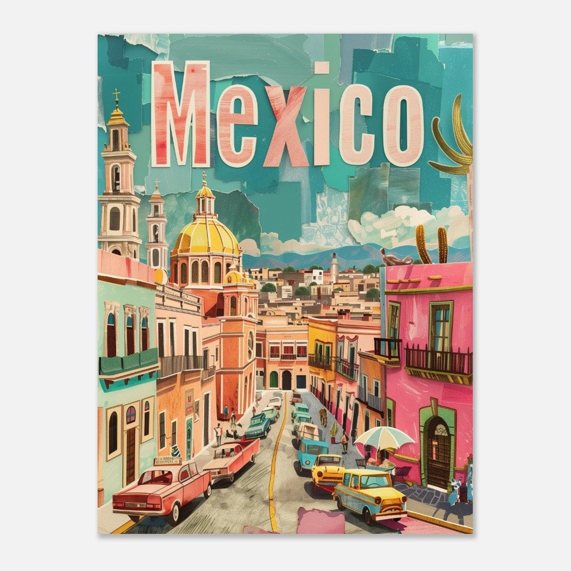Mexico Colonial Street Cathedral Vintage Cars Collage Style Poster - Image 2