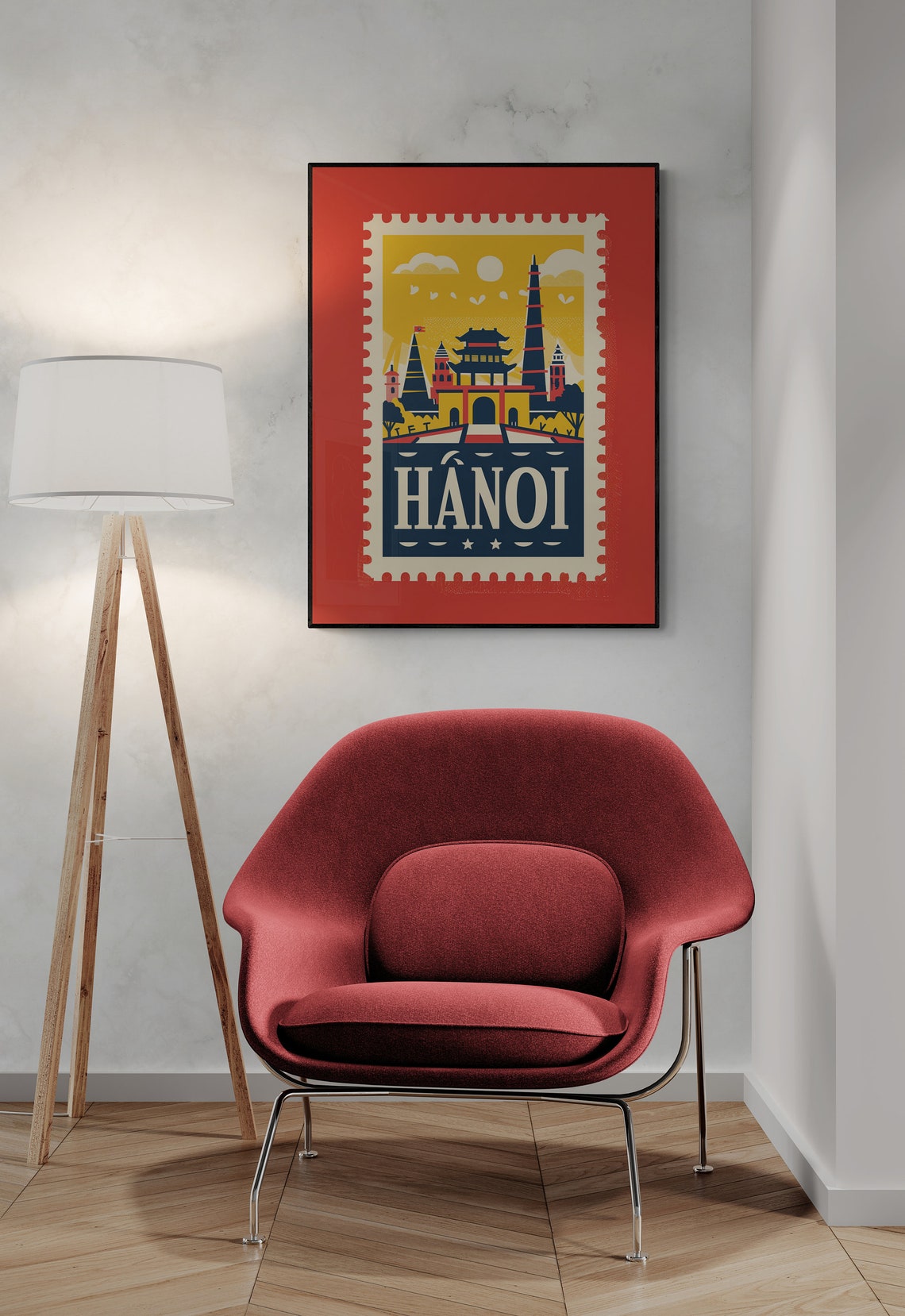 Hanoi Vietnam Temple Gate Flag Tower Retro Stamp Travel Poster - Image 3