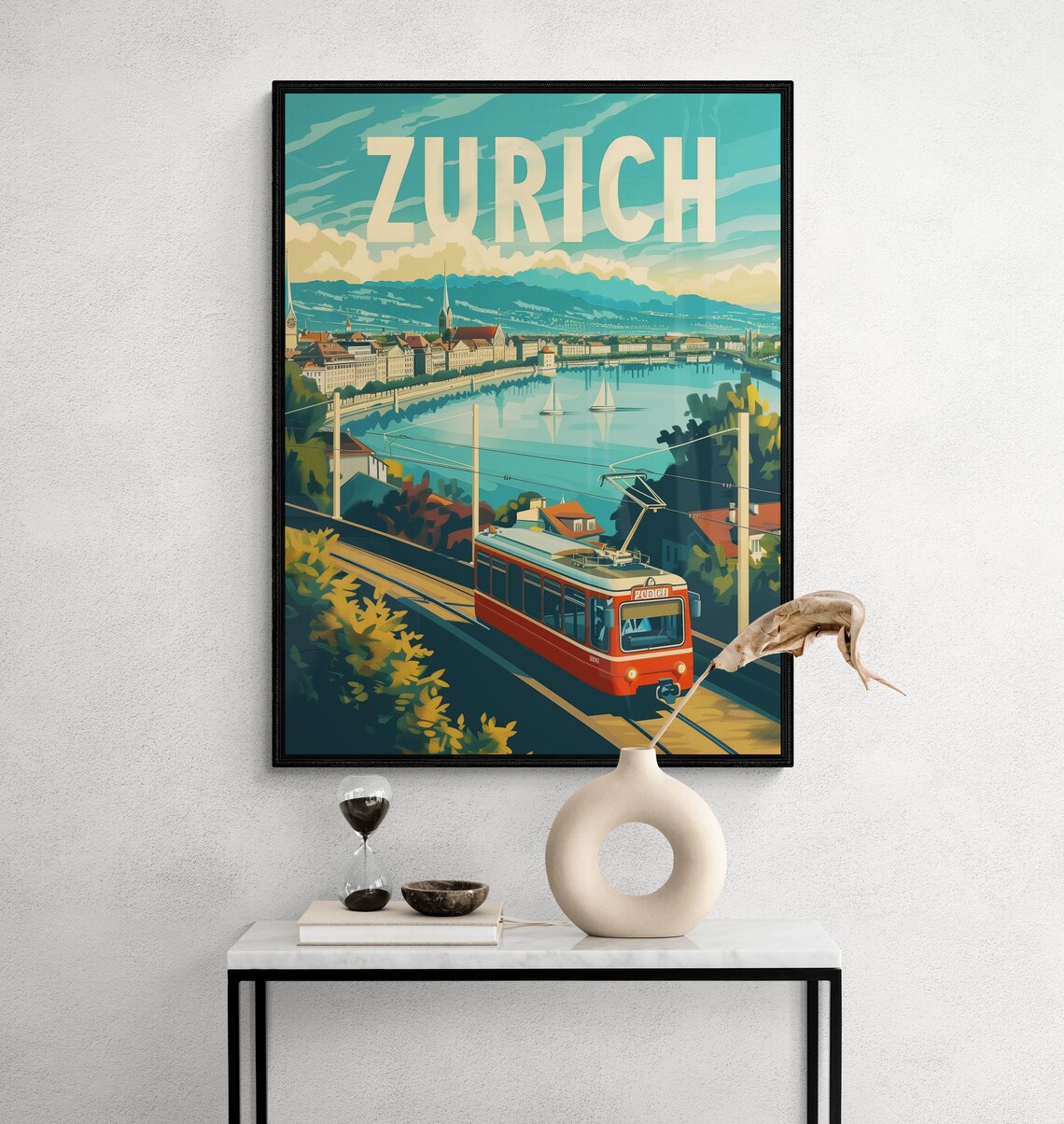 Zurich Red Tram Lake and Mountain Cityscape Vintage Travel Poster